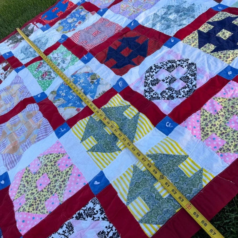 B+ Handmade Patchwork Quilt Churn Dash Scrap Floral Red Blue White 66x65 Vintage